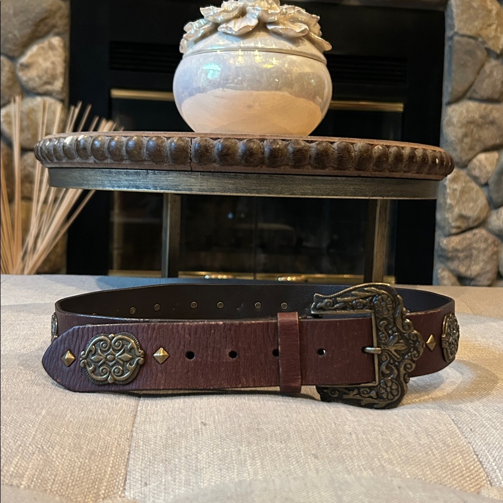 Another Line Inc. Brown Leather Bronze Plaque Belt 22968 Size Small